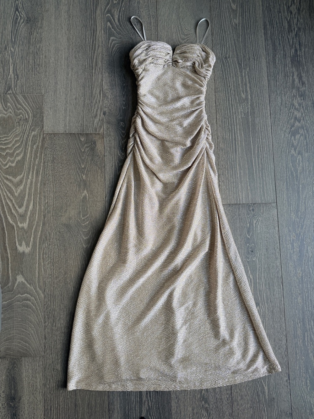 Hailey Adrianna Papell Strapless Sweetheart Neckline Ruched Gold Shimmer Dress